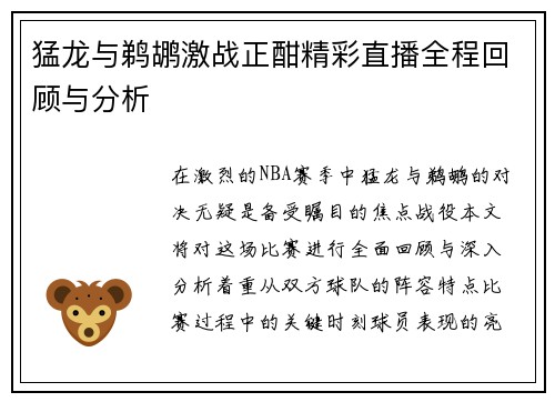 猛龙与鹈鹕激战正酣精彩直播全程回顾与分析