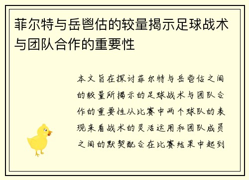 菲尔特与岳鬯估的较量揭示足球战术与团队合作的重要性