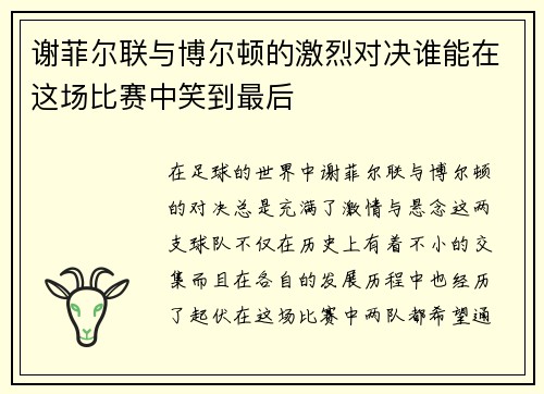 谢菲尔联与博尔顿的激烈对决谁能在这场比赛中笑到最后